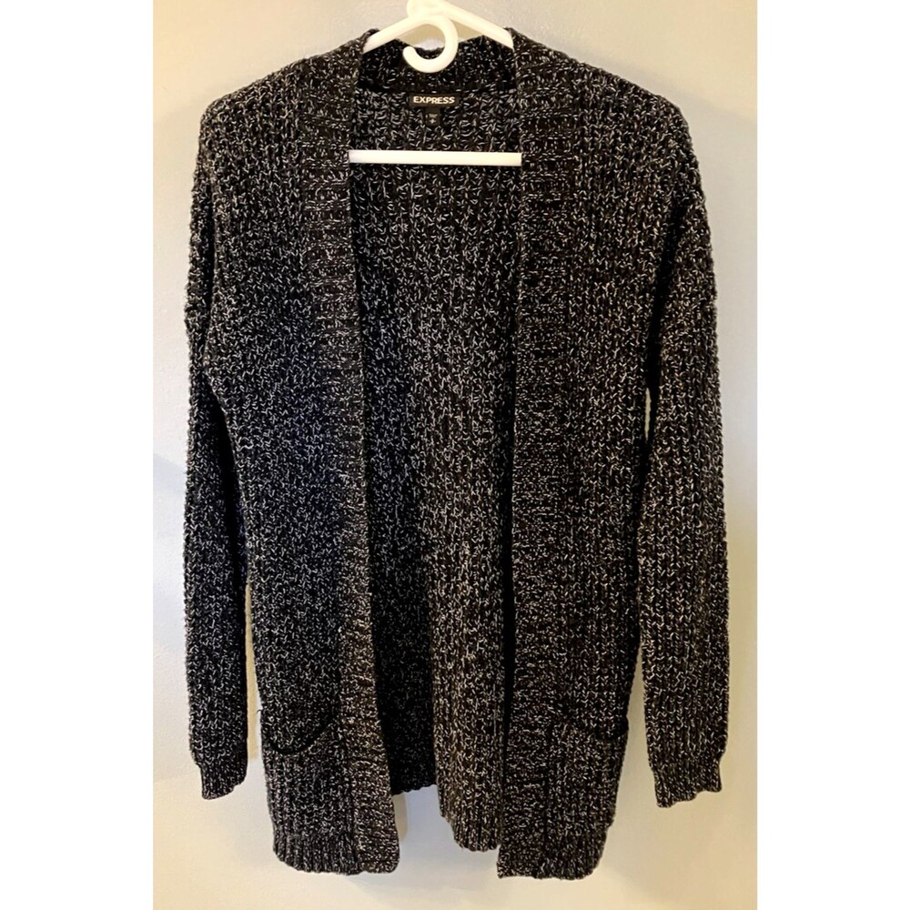 Express Petite Womens Black/White Open Front Cardigan Small